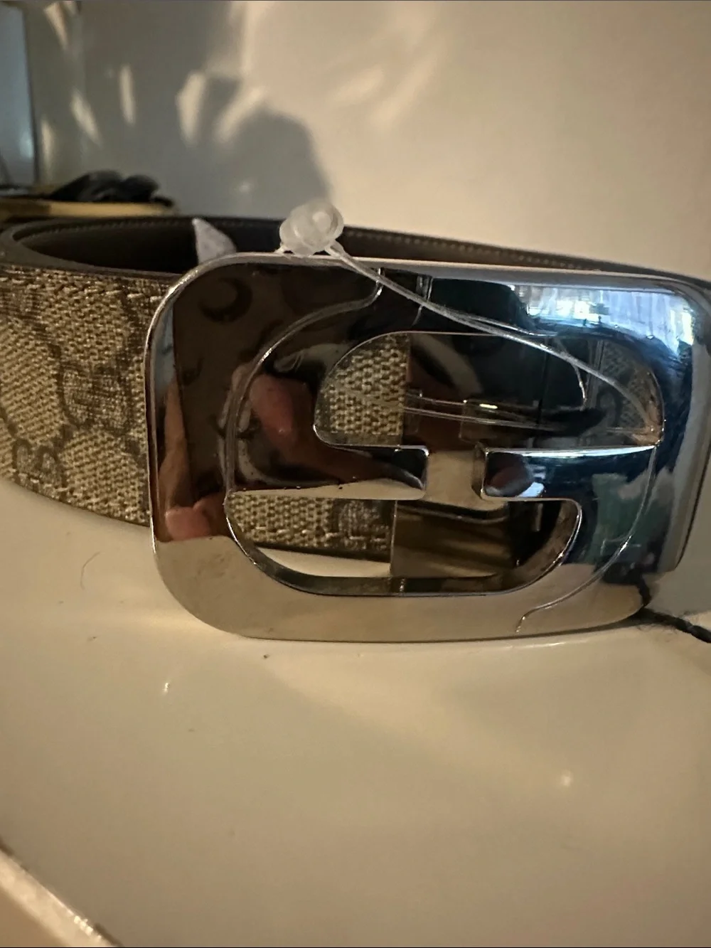Gucci Beige Monogram Belt with Silver-Tone GG Buckle